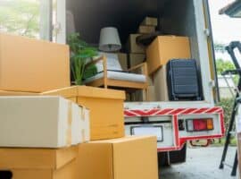 moving truck with boxes and furniture.