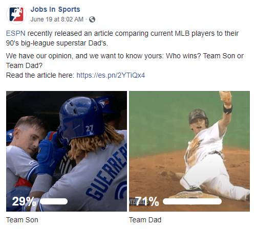 Facebook Post: ESPN recently released an article comparing current MLB players to their 90's big-league superstar Dad's. We have our opinion, and we want to know yours: Who wins? Team Son or Team Dad? Read the article here: https://es.pn/2YTiQx4