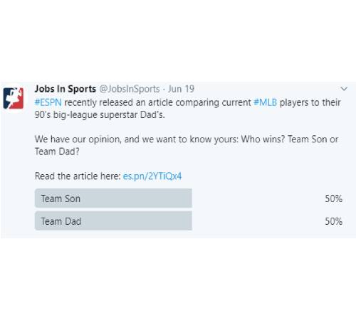 Tweet: #ESPN recently released an article comparing current #MLB players to their 90's big-league superstar Dad's. We have our opinion, and we want to know yours: Who wins? Team Son or Team Dad? Read the article here: https://es.pn/2YTiQx4