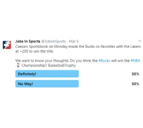 Tweet: Caesars Sportsbook on Monday made the Bucks co-favorites with the Lakers at +200 to win the title. We want to know your thoughts: Do you think the Bucks will win the NBA Championship? basketball emoji trophy emoji