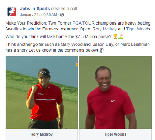 Facebook post: Make Your Prediction: Two Former PGA TOUR champions are heavy betting favorites to win the Farmers Insurance Open: Rory McIlroy and Tiger Woods. Who do you think will take home the $7.5 Million purse? trophy emoji flag in hole emoji Think another golfer such as Gary Woodland, Jason Day, or Marc Leishman has a shot? Let us know in the comments below! male golfer emoji