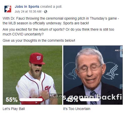 Facebook Post: With Dr. Fauci throwing the ceremonial opening pitch in Thursday’s game - the MLB season is officially underway. Sports are back! Are you excited for the return of sports? Or do you think there is still too much COVID uncertainty? Give us your thoughts in the comments below!