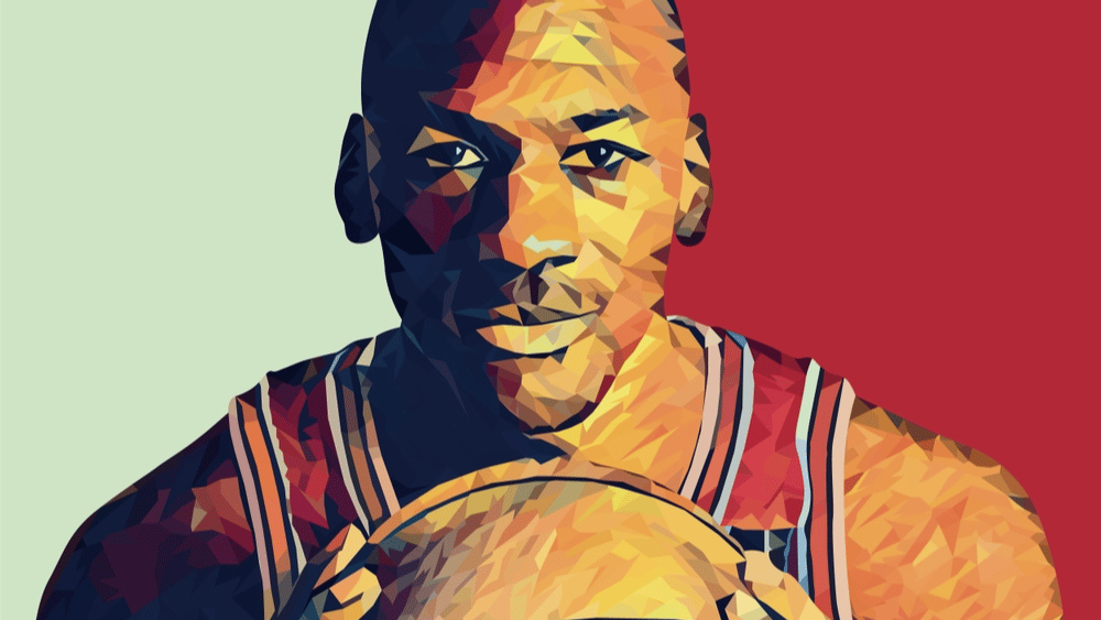 Graphic of Michael Jordan smiling at the camera and holding a basketball
