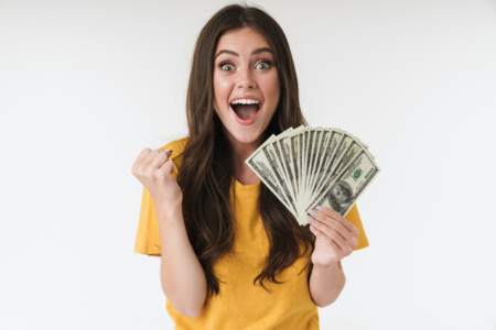 Excited UFC ring girl holding money