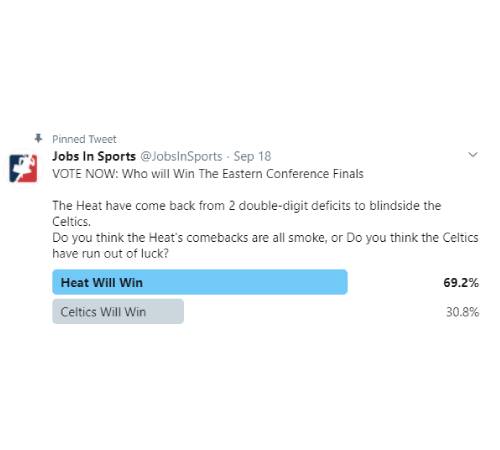 Tweet: "VOTE NOW: Who will Win The Eastern Conference Finals  The Heat have come back from 2 double-digit deficits to blindside the Celtics. Do you think the Heat's comebacks are all smoke, or Do you think the Celtics have run out of luck?"