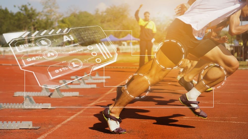 Runners running on a track with computer visualization displaying AI.