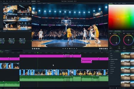 basketball game being video edited.