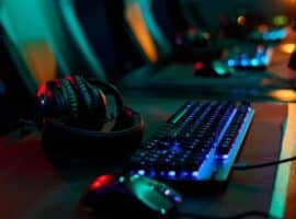 gaming keyboard, mouse, and headset with RGB lighting