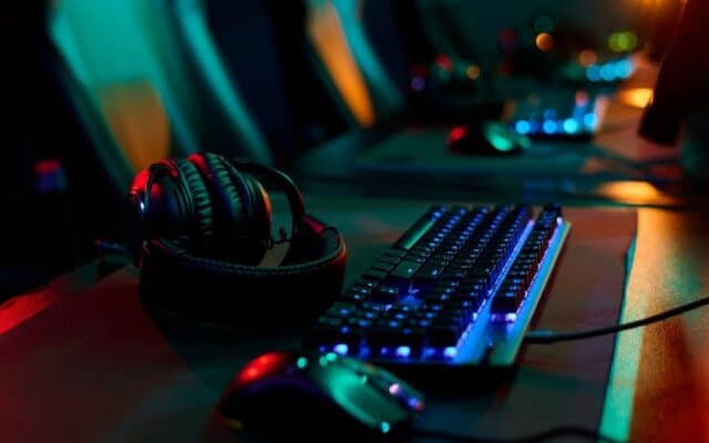 gaming keyboard, mouse, and headset with RGB lighting