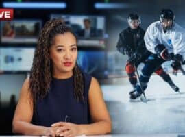 sports commentator reporting live on ice hockey game