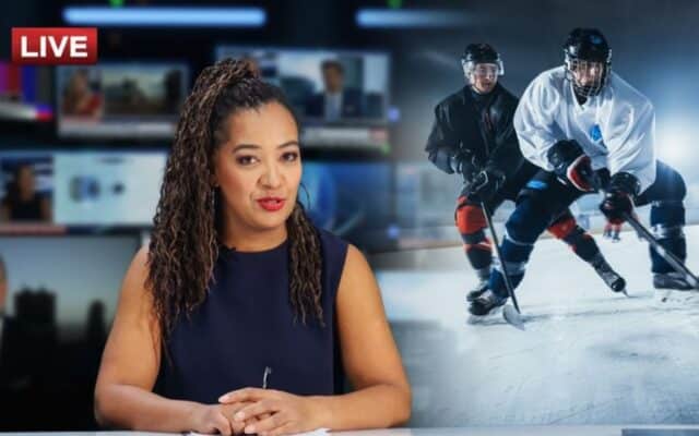 sports commentator reporting live on ice hockey game