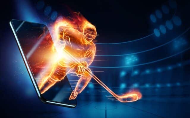illustration of hockey player on fire coming out of phone