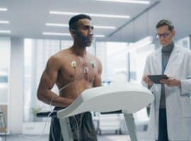 Sports engineer monitoring athlete performance during treadmill testing